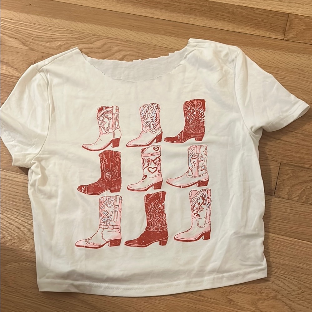 White T-Shirt with Red Cowboy Boot Print